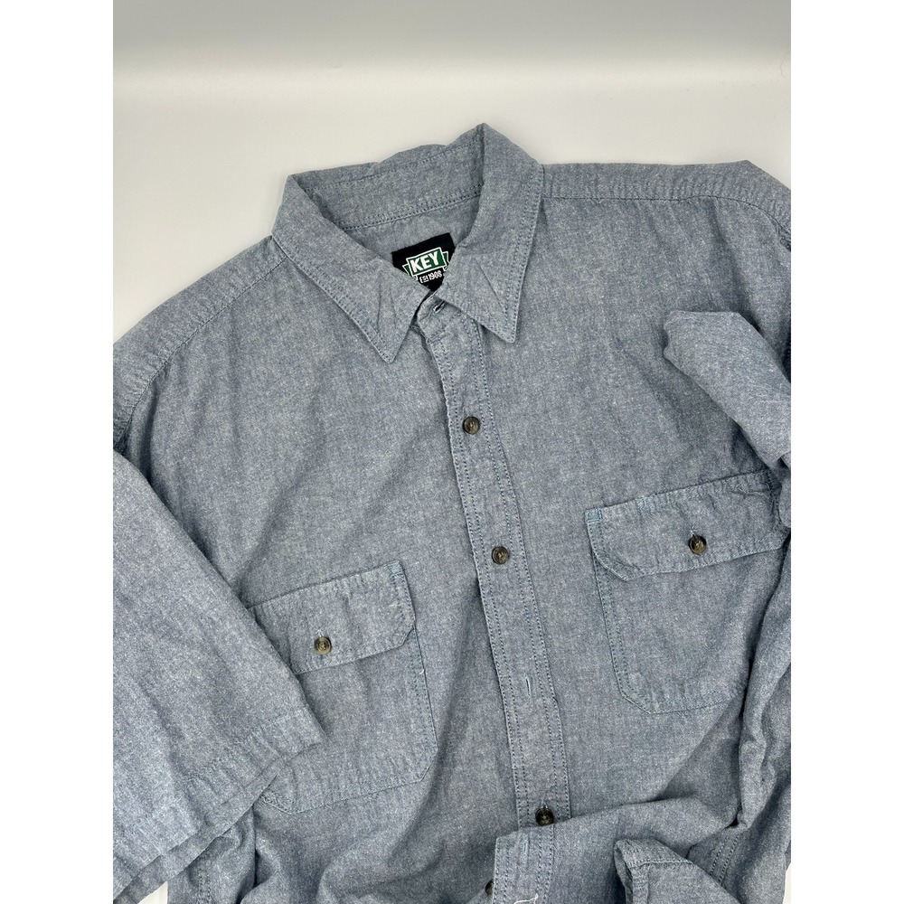 Key Shirt Mens 2XL Gray Chambray Button Up Short Sleeve Double Pocket Workwear